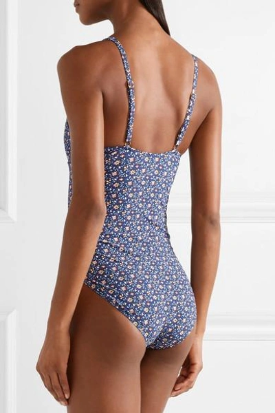 Shop Tory Burch Palma Cutout Floral-print Swimsuit In Navy