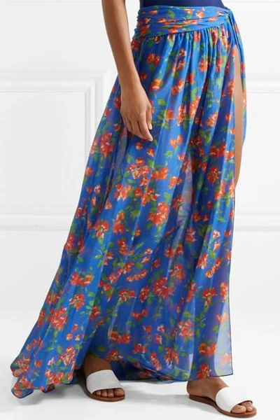 Shop Caroline Constas Hera Printed Cotton And Silk-blend Voile Maxi Skirt In Bright Blue