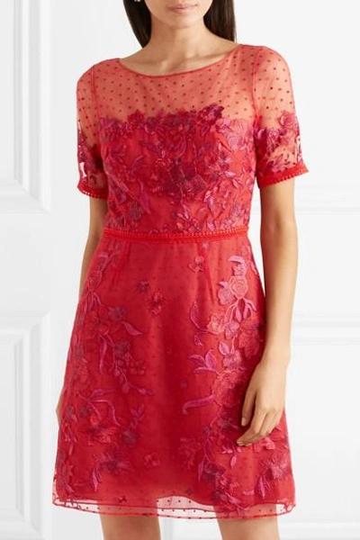 Shop Marchesa Notte Embroidered Flocked Tulle Mini Dress In Red