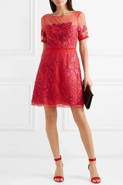 Shop Marchesa Notte Embroidered Flocked Tulle Mini Dress In Red