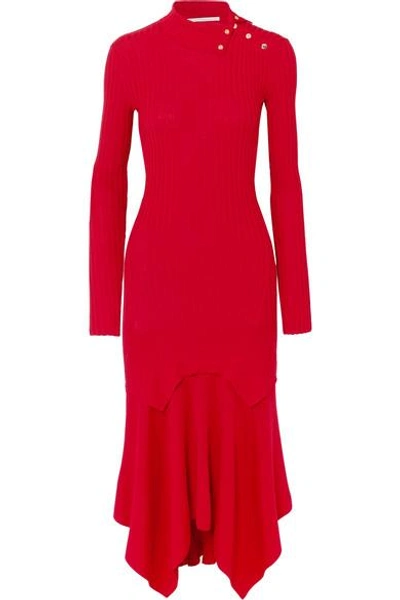 Shop Stella Mccartney Asymmetric Ribbed Wool And Silk-blend Dress In Red