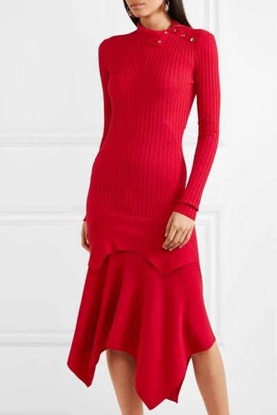 Shop Stella Mccartney Asymmetric Ribbed Wool And Silk-blend Dress In Red