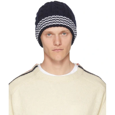 Shop Thom Browne Navy Cashmere Cable Knit Four Bar Beanie In 415 Navy