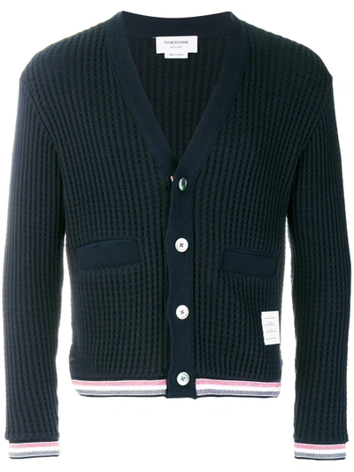 Shop Thom Browne Oxford Hem Waffle-knit Cardigan - 415 Navy
