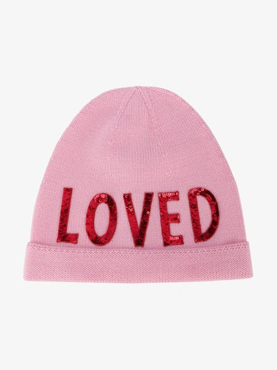 Shop Gucci Wool Hat With Sequin "loved" In Pink&purple