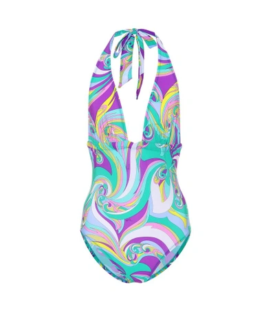 Shop Emilio Pucci Beach Printed Halter Swimsuit In Multicoloured