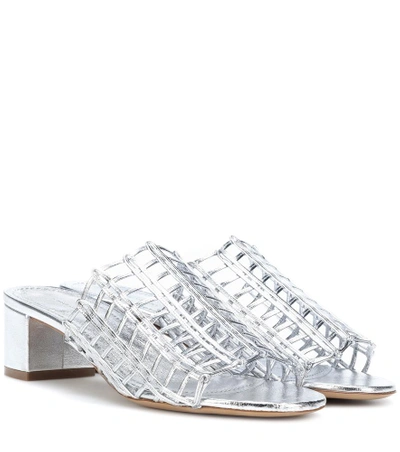 Shop Mansur Gavriel Grid Metallic Leather Sandals In Silver