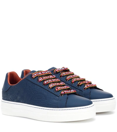 Shop Etro Embossed Leather Sneakers In Blue