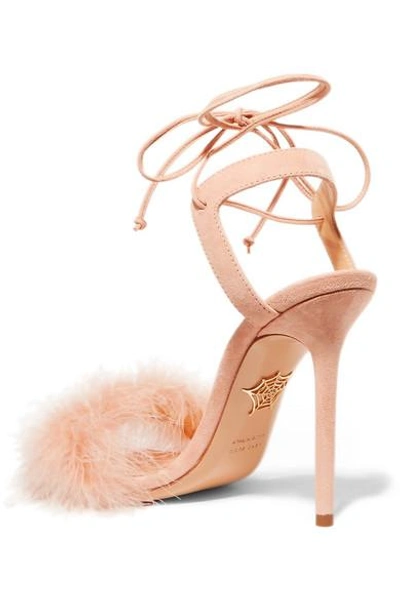 Shop Charlotte Olympia Salsa Feather-trimmed Suede Sandals In Baby Pink