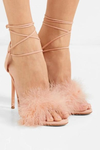 Shop Charlotte Olympia Salsa Feather-trimmed Suede Sandals In Baby Pink