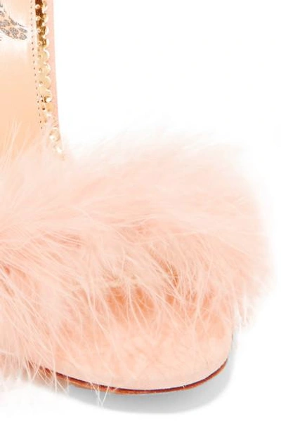 Shop Charlotte Olympia Salsa Feather-trimmed Suede Sandals In Baby Pink