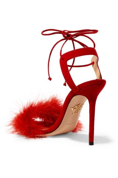 Shop Charlotte Olympia Salsa Feather-trimmed Suede Sandals In Red