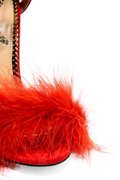 Shop Charlotte Olympia Salsa Feather-trimmed Suede Sandals In Red