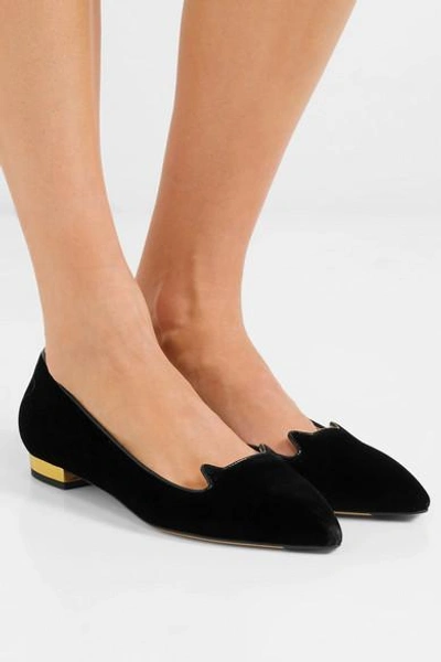 Shop Charlotte Olympia Kitty Leather-trimmed Velvet Slippers In Black