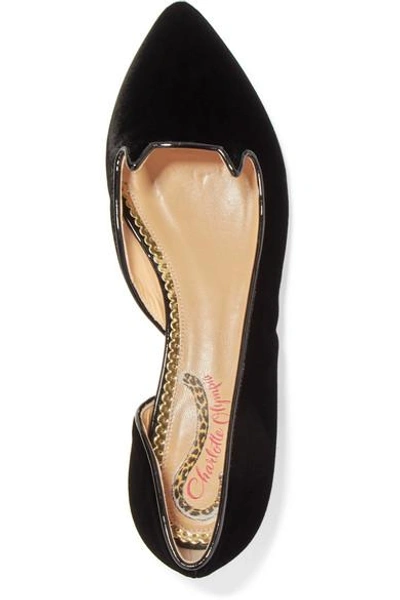 Shop Charlotte Olympia Kitty Leather-trimmed Velvet Slippers In Black