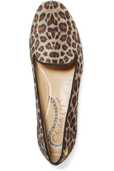 Shop Charlotte Olympia Nocturnal Embroidered Leopard-print Velvet Slippers In Leopard Print