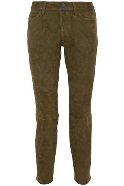 Shop Current Elliott The Easy Stiletto Suede Mid-rise Slim-leg Jeans In Army Green