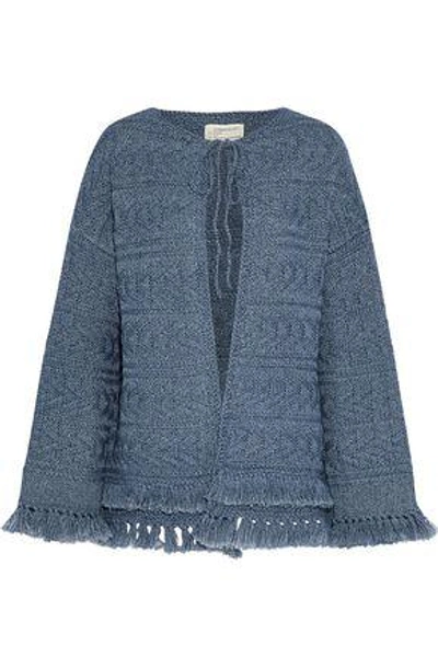 Shop Current Elliott Fringe-trimmed Cable-knit Cardigan In Blue