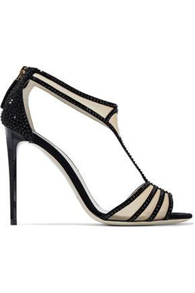 Shop Giorgio Armani Woman Crystal-embellished Suede And Mesh Sandals Black