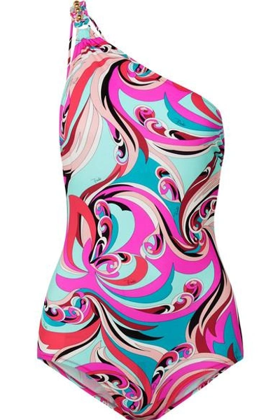 Shop Emilio Pucci One-shoulder Embellished Printed Swimsuit In Pink