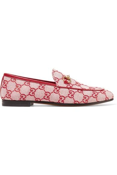 Shop Gucci Jordaan Horsebit-detailed Leather-trimmed Logo-printed Canvas Loafers