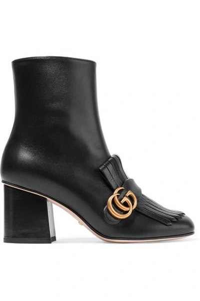 Shop Gucci Marmont Fringed Logo-embellished Leather Ankle Boots