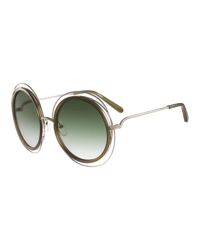 Shop Chloé Carlina Trimmed Round Sunglasses In Dark Green
