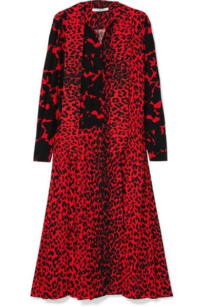Shop Givenchy Pussy-bow Pleated Printed Silk Crepe De Chine Dress In Red