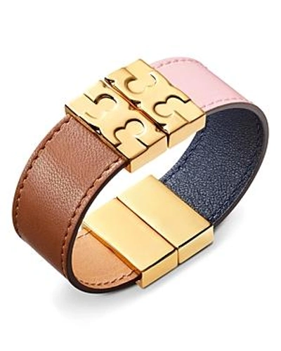 Shop Tory Burch Color-block Reversible Leather Bracelet In Blush/navy