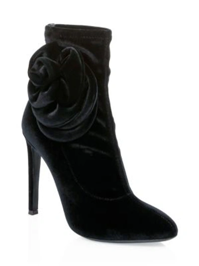 Shop Giuseppe Zanotti Single Rose Stiletto Heel Velvet Booties In Black