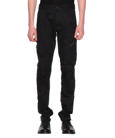 Shop Ann Demeulemeester Detroyed Cotton Trousers In Nero