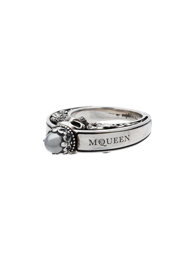 Shop Alexander Mcqueen Metallic Silver Engraved Skull Ring