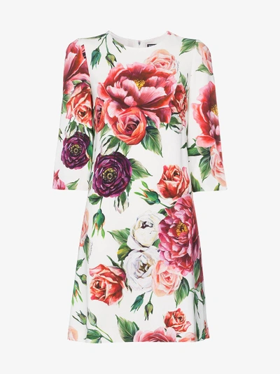 Shop Dolce & Gabbana Silk Rose Print Dress In White