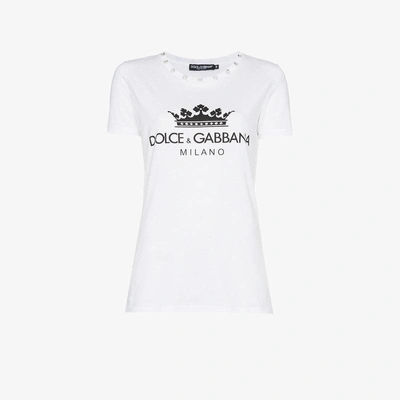 Shop Dolce & Gabbana Diamante Collar Logo Crown Print Cotton T Shirt In White