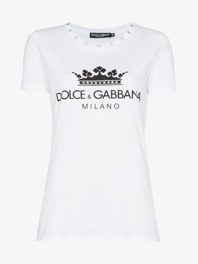 Shop Dolce & Gabbana Diamante Collar Logo Crown Print Cotton T Shirt In White