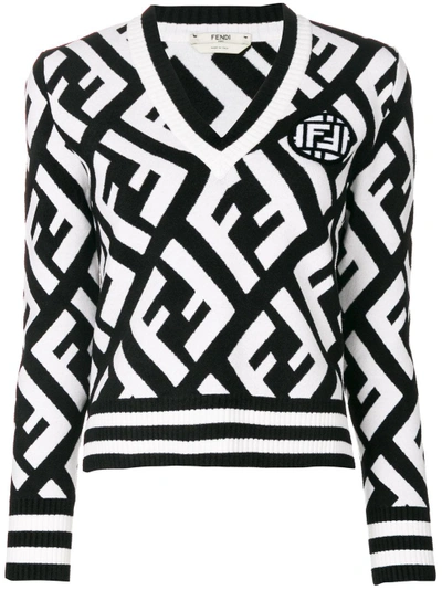 Shop Fendi Logo V-neck Sweater - White