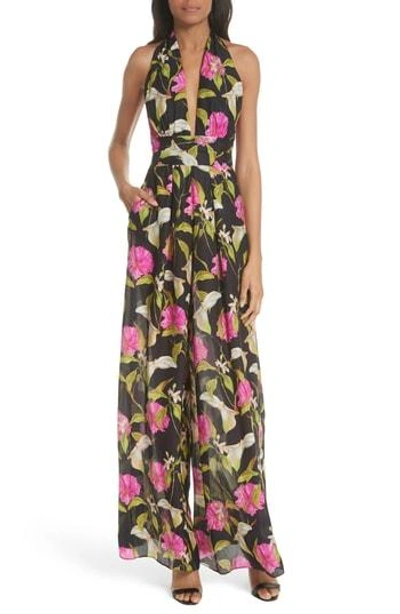 Shop Milly Large Calla Lily Silk Halter Jumpsuit In Multi