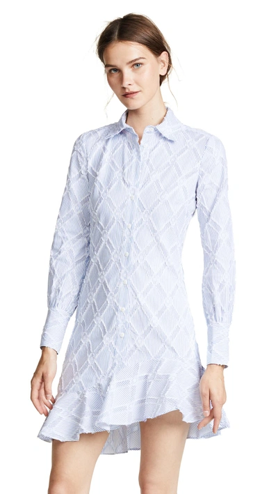 Shop Derek Lam 10 Crosby Shirt Dress With Ruffle Hem In White/blue