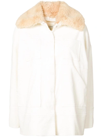 Shop Ganni Faux Fur Collar Coat - White