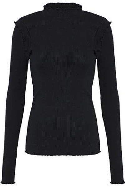 Shop Current Elliott Woman Ruffle-trimmed Cotton Ribbed-knit Turtleneck Top Black