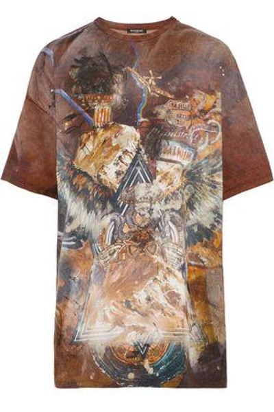 Shop Balmain Woman Distressed Printed Cotton-jersey T-shirt Light Brown