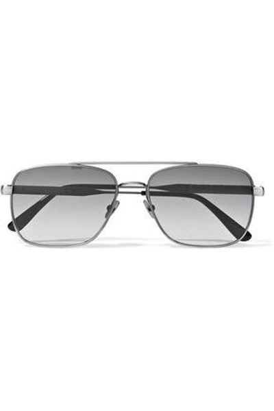 Shop Bottega Veneta Woman Square-frame Embossed Leather-trimmed Oxidized Sunglasses Silver