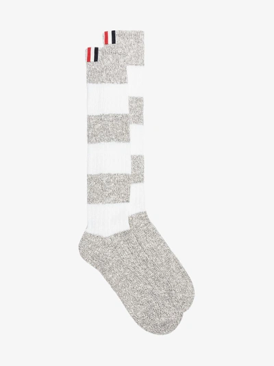 Shop Thom Browne Grey Cotton Striped Socks