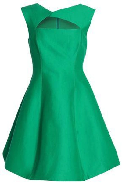 Shop Halston Heritage Flared Cutout Cotton And Silk-blend Dress In Emerald
