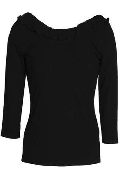 Shop Claudie Pierlot Woman Trevor Ruffle-trimmed Ribbed-knit Top Black