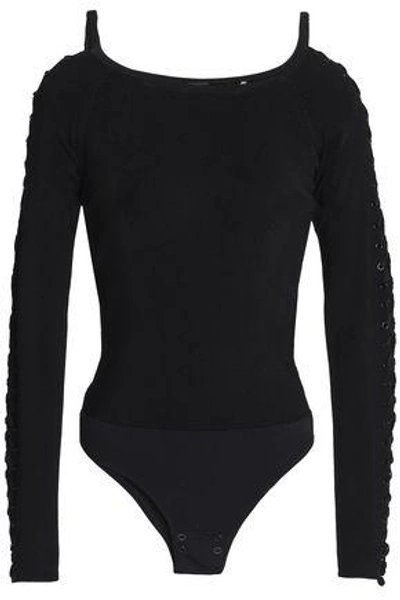 Shop Elie Tahari Woman Lace-up Ribbed-knit Bodysuit Black