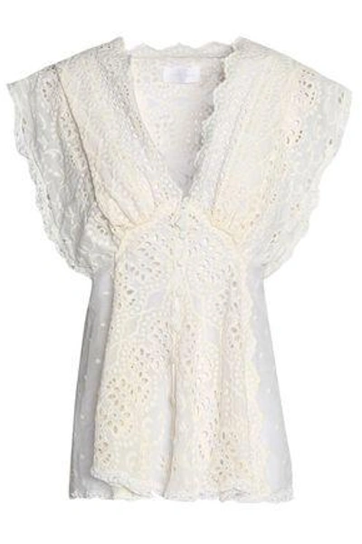 Shop Zimmermann Woman Lace-trimmed Broderie Anglaise Silk And Cotton-blend Top Ivory