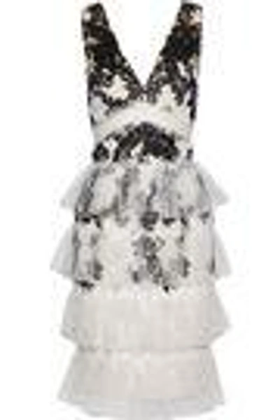 Shop Marchesa Notte Woman Tiered Lace-trimmed Embroidered Tulle Dress Ivory
