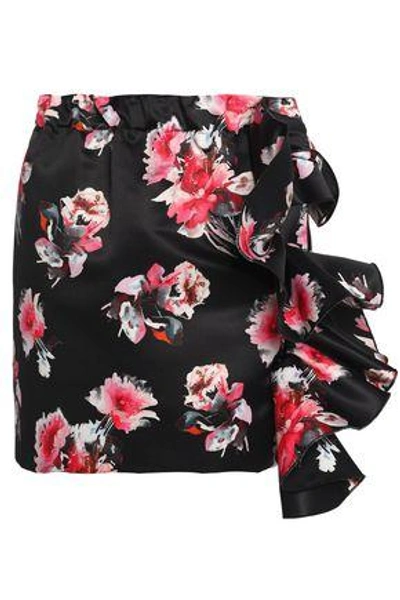 Shop Msgm Woman Ruffled Floral-print Satin Mini Skirt Black