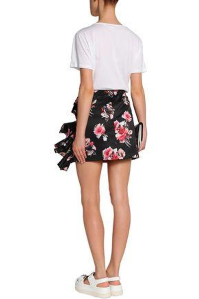 Shop Msgm Woman Ruffled Floral-print Satin Mini Skirt Black